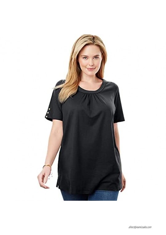 Woman Within Women's Plus Size Perfect Button-Sleeve Shirred Scoop-Neck Tee Shirt