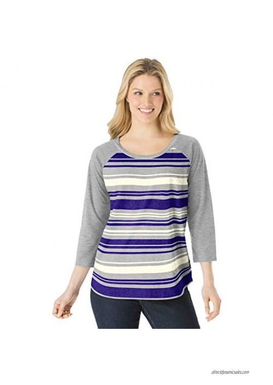 Woman Within Women's Plus Size Three-Quarter Sleeve Baseball Tee Shirt - 3X  Heather Grey Stripe