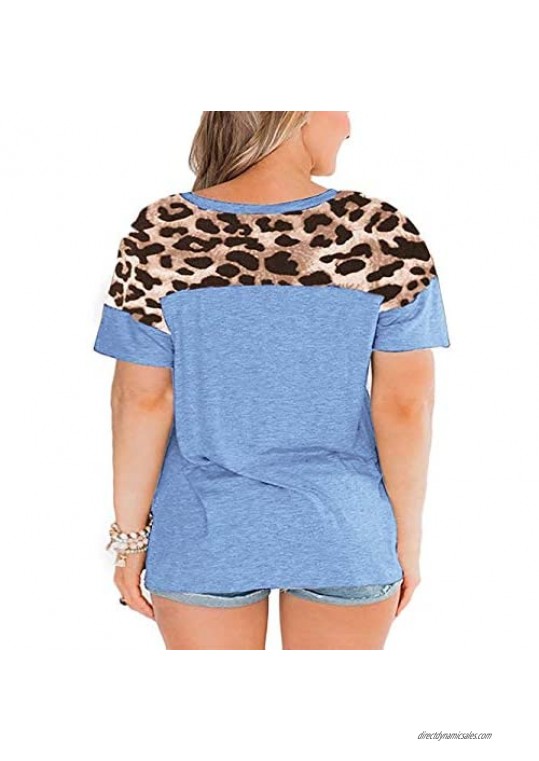 Womens Plus Size Leopard Print Raglan Short Sleeve Tops Patchwork Casual Loose Pocket T Shirts