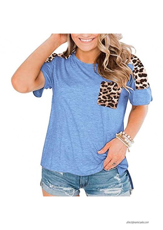 Womens Plus Size Leopard Print Raglan Short Sleeve Tops Patchwork Casual Loose Pocket T Shirts