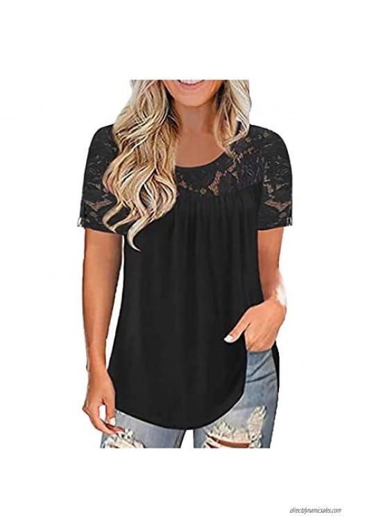 Women's Plus Size Tops Summer Short Sleeve Shirts Casual Lace Pleated Hllow Out Blouses Tunic Tops