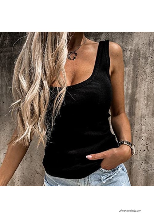 Women's Scoop Neck Tank Tops Solid Color Workout Sleeveless Summer Casual Cami Tops Tshirts Tunic Blouse Tee Shirts