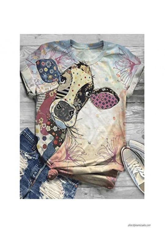 Women's Summer Casual T-Shirt Blouses Plus Size Short Sleeve Crew Neck Animal Printed Tee Tops