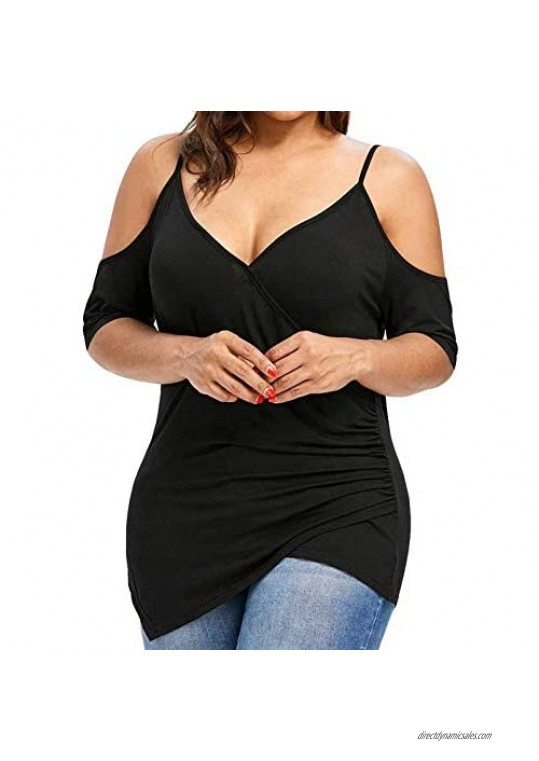 Womens Summer Cutout Asymmetric Cold Shoulder T-Shirt Casual Plus Size Solid Short Sleeve V-Neck Sling Tops Blouse