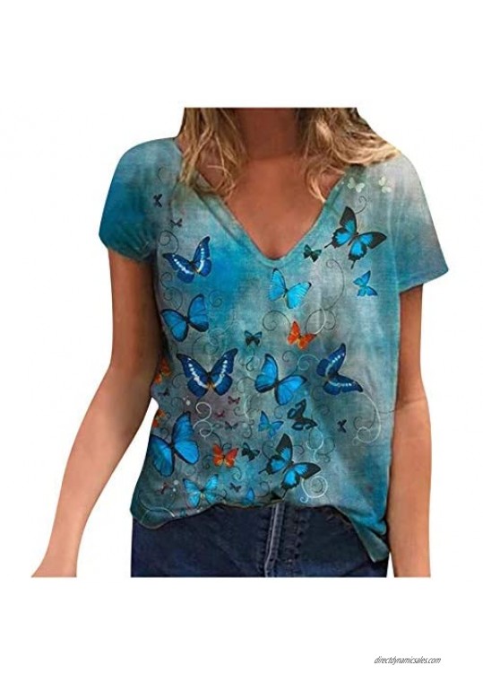 Womens T-Shirt Tie Dye Summer Painting Print Tees V-Neck Short Sleeve Tops Teen Girls Blouse Shirts Casual Tee Tops