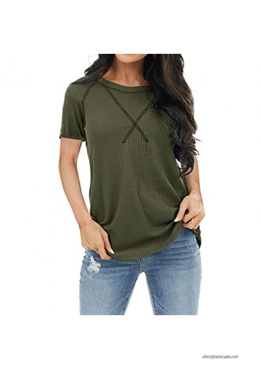 Womens Waffle Knit Short Sleeve Tops Plus Size Crewneck Casual Basic Tunic T-Shirt