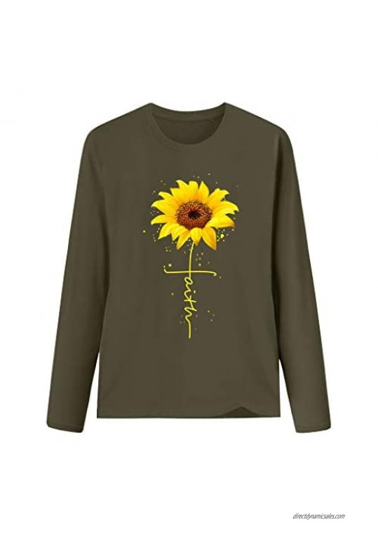 WUAI Womens Long Sleeve Graphic T Shirt Plus Size Sunflower Print Cute Funny Graphic Tees Casual Cotton Tee Tunic Tops