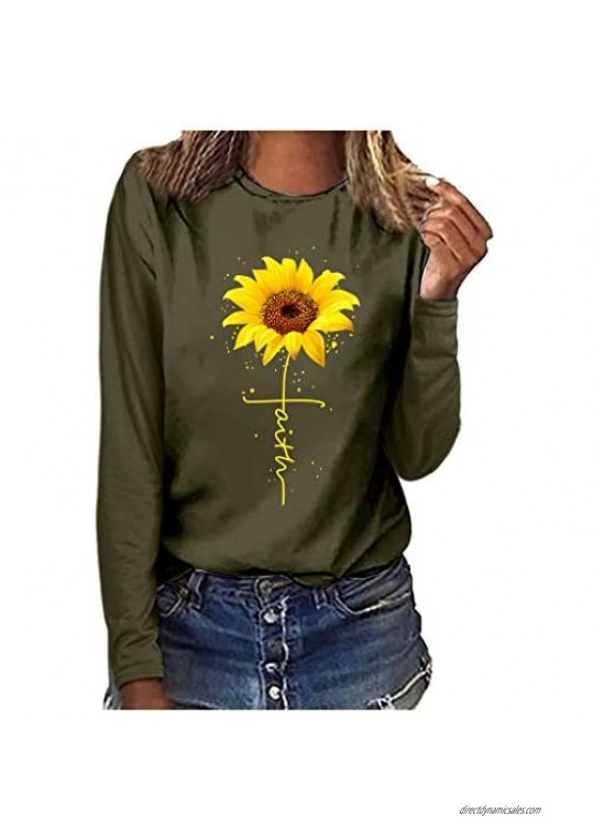 WUAI Womens Long Sleeve Graphic T Shirt Plus Size Sunflower Print Cute Funny Graphic Tees Casual Cotton Tee Tunic Tops