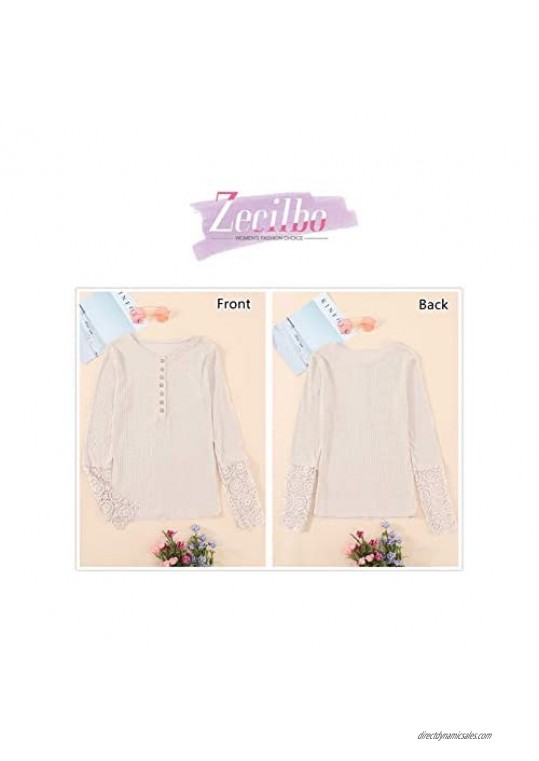 Zecilbo Women's Crochet Button Ribbed Henley Shirts Hollow Out Lace Long Sleeve Casual Tunic Tops