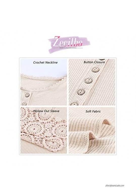 Zecilbo Women's Crochet Button Ribbed Henley Shirts Hollow Out Lace Long Sleeve Casual Tunic Tops