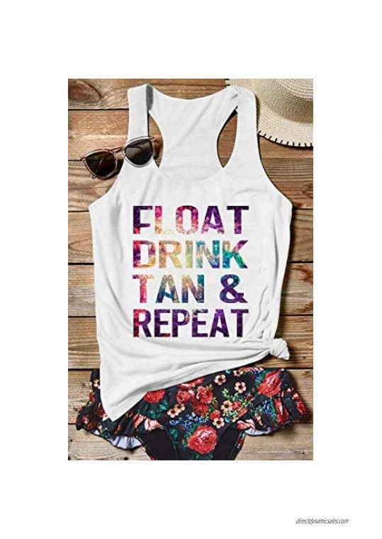 CHUNTIANRAN Float Drink Tan & Repeat Summer Tank Top Womens Basic Workout Sleeveless Shirt Hawaiian Beach Racerback Tank