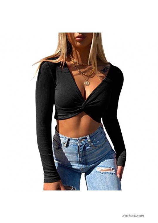 Crop Tops for Women Long Sleeve Sexy Deep V Neck Slim Fit Wrap Crop Tops Tees 0169……