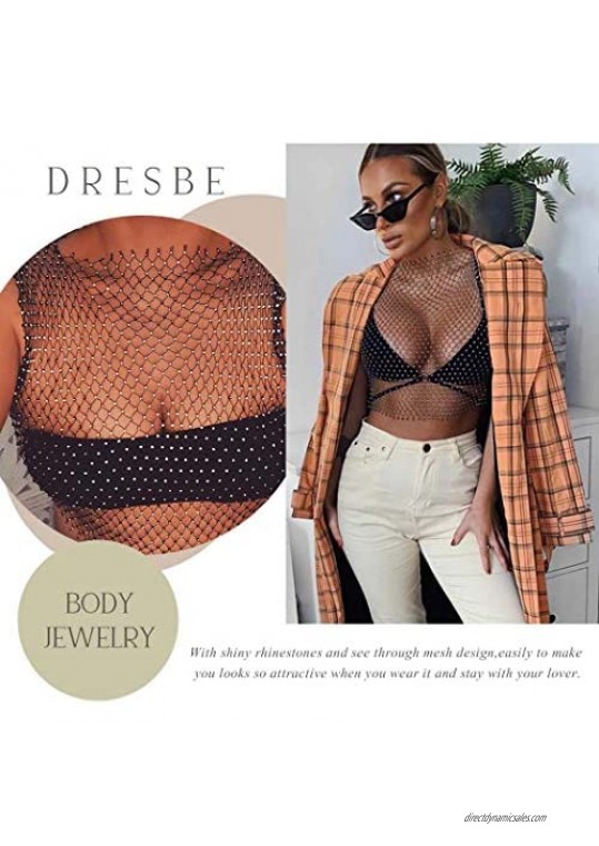 Dresbe Rhinestone Mesh Body Chains Hollow Tank Tops Bikini Crop Top Party Body Jewelry Accessories for Women and Girls