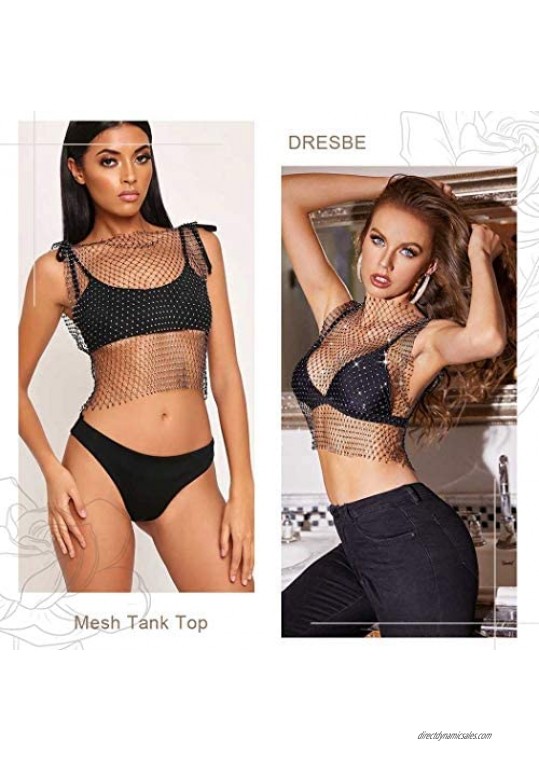 Dresbe Rhinestone Mesh Body Chains Hollow Tank Tops Bikini Crop Top Party Body Jewelry Accessories for Women and Girls