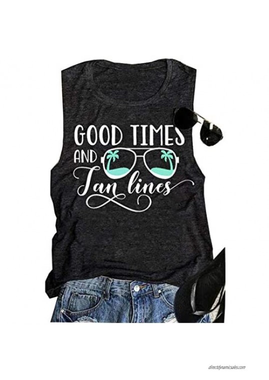 FEELIN Good Times and Tan Lines Tank Top for Women Funny Sunglasses Coconut Trees Graphic Tee Summer Sleeveless Cute Shirts