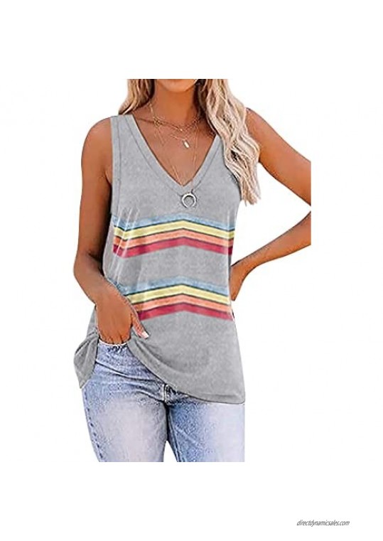 RMCMS Womens Summer Tank T-Shirt Top  Novelty Rainbow Stripe Printed Stitching V Neck Sleeveless Cami Top