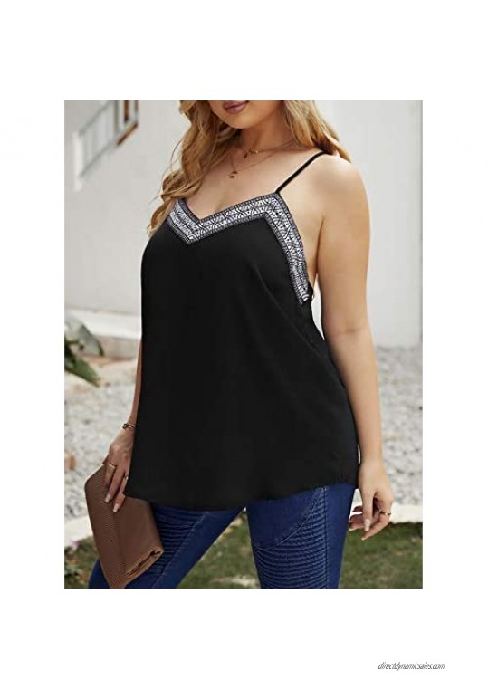 ROSKIKI Womens Plus Size Adjustable Spaghetti Strap Tank Tops Embroidered V-Neck Camisole