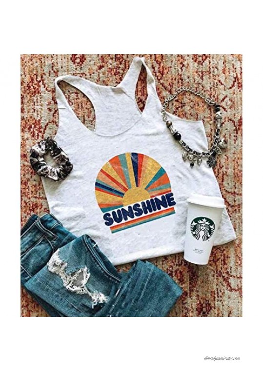 Sunshine Rainbow Tank Tops Women's Sleeveless Letter Print Graphic T-Shirt Summer Beach Vacation Vest Tees