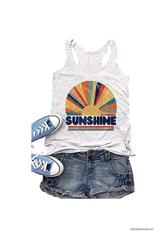 Sunshine Rainbow Tank Tops Women's Sleeveless Letter Print Graphic T-Shirt Summer Beach Vacation Vest Tees