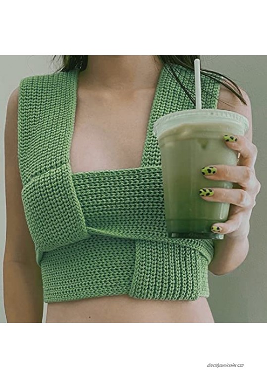 UAURORAO Women Bandage Irregular Sweater Vest Solid Color Rib Knit Casual Tank Tops Y2k Cutout Blouse Shirt