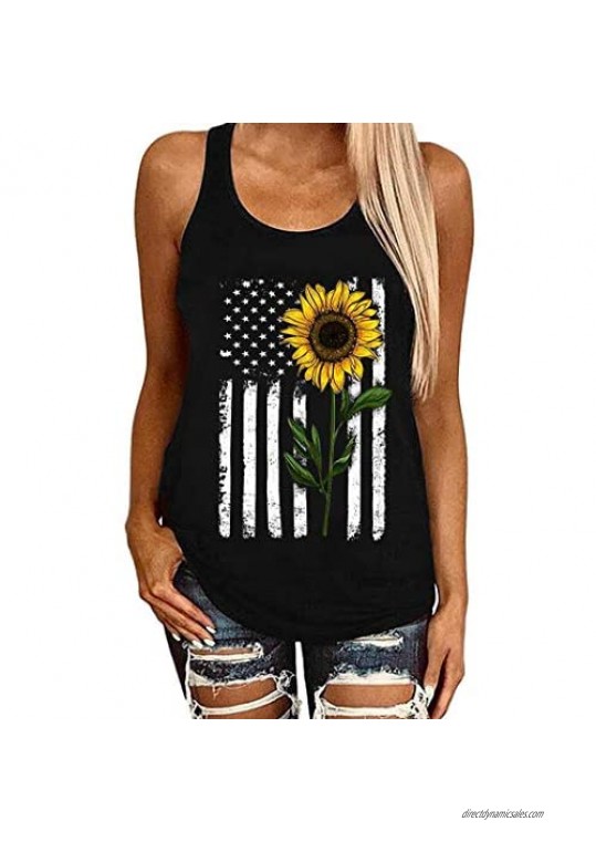 Vdnerjg Women's Sunflower Print Tank Tops American Flag Graphic Sleeveless Summer Racerback Tee Shirts