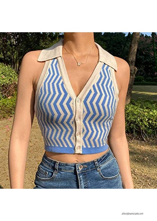 Women Fashion Striped Blue Halter Tops Y2K Knitted Vest Sexy Backless Slim button Camisole Streetwear