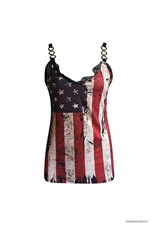 Womens Lace Slim Fit Sling Vest Fashion V-Neck Sleeveless Print Casual Tank Top American Flag July 4th Camis