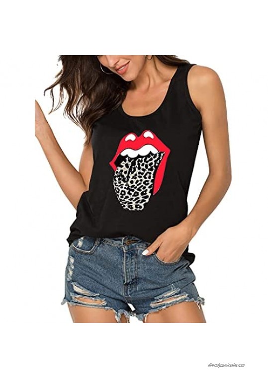 Women's Sleeveless Graphic Lip Print Shirts Tank Tops Loose Fit Distressed T-Shirt Summer Casual Yoga Workout Tee Tops