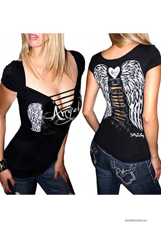 Demi Loon Sexy Biker Babe Tee Slashed Cut Out Angel Wings Skull Tattoo Shirt Ladies Motorcycle T-Shirt
