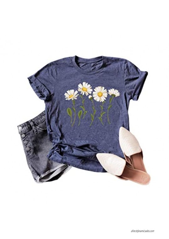 DORFALNE Women's Fun Wildflower Graphics T-Shirt Summer Round Neck Short Sleeve Casual Tees Tops