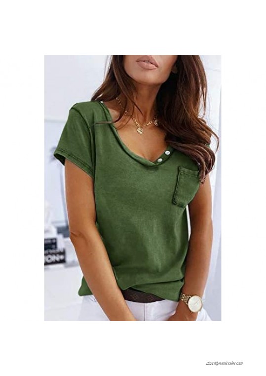 Eurivicy Women's Shirts Summer V-Neck Short Sleeve T-Shirts Casual Basic Plain Tee Tops with Pocket