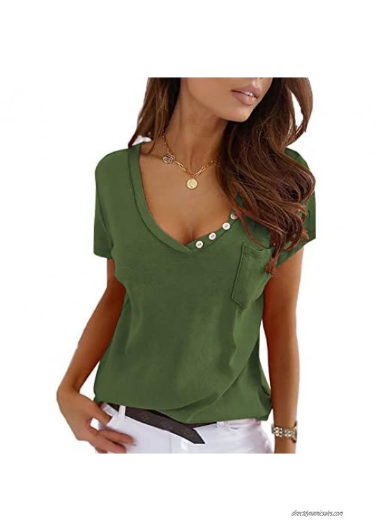 Eurivicy Women's Shirts Summer V-Neck Short Sleeve T-Shirts Casual Basic Plain Tee Tops with Pocket