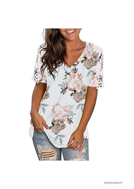 FABIURT Shirts for Women Women Summer Tops Colorful Flower Graphic Tees V Neck T-Shirt Casual Loose Fit Blouses Tops