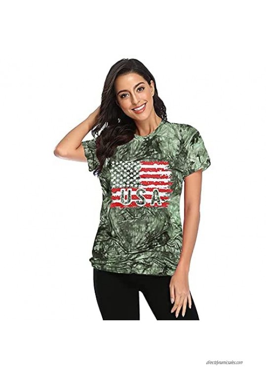 FRYAID Women American Flag Shirt Tie Dye 4th of July Independence Day Short Sleeve Patriotic Stars Stripes T Shirt Clothing