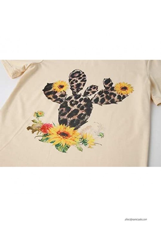 GEMLON Women Vintage Leopard Print Cactus T-Shirts Floral Graphic Tee Short Sleeve Summer Tops