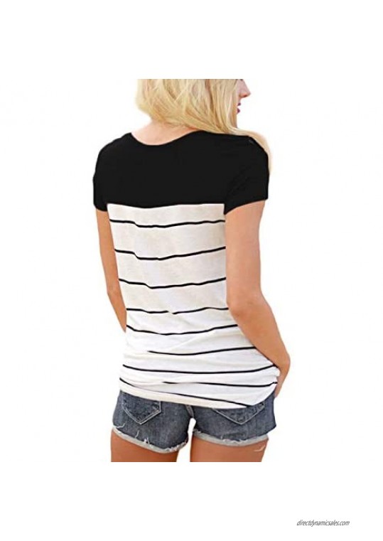 Hiistandd Womens Summer Short Sleeve Shirt Striped Color Block Casual Tops with Pocket
