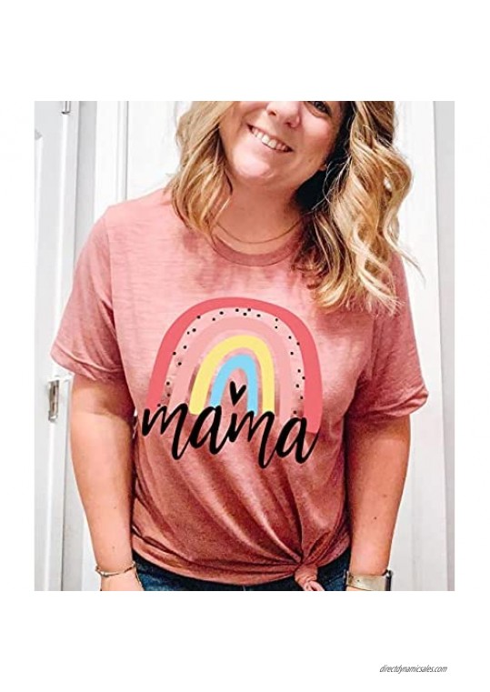 Mama Rainbow Shirt Mama Shirt Cute Mom Shirts Graphic Tees for Women Momma Tshirts Short Sleeve Summer Shirts