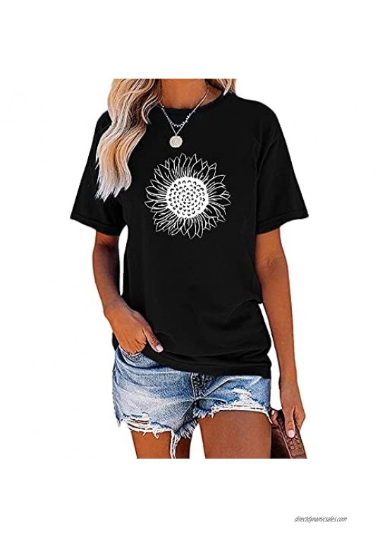 MaQiYa Womens Cute Sunflower Graphic Printed Tee Shirts Vintage Short Sleeve Cotton Shirts Tops