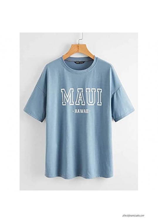 Meladyan Women’s Maui Hawaii Letter Print Oversized T Shirts Short Sleeve Round Neck Drop Shoulder Longline Tee Top