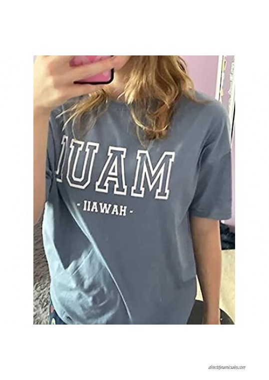 Meladyan Women’s Maui Hawaii Letter Print Oversized T Shirts Short Sleeve Round Neck Drop Shoulder Longline Tee Top