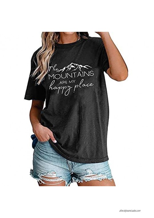 Mountain Graphic Shirts Women The Mountains are My Happy Place Funny Letter Print Tee Shirt Short Sleeve Casual Tee Tops