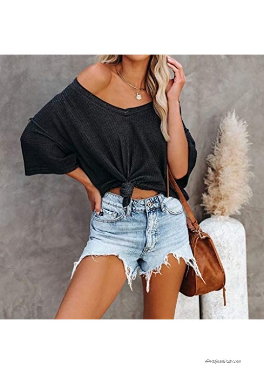 REVETRO Womens Casual V Neck T Shirts Half Sleeve Loose Waffle Knit Tunic Tops Batwing Sleeve Blouses