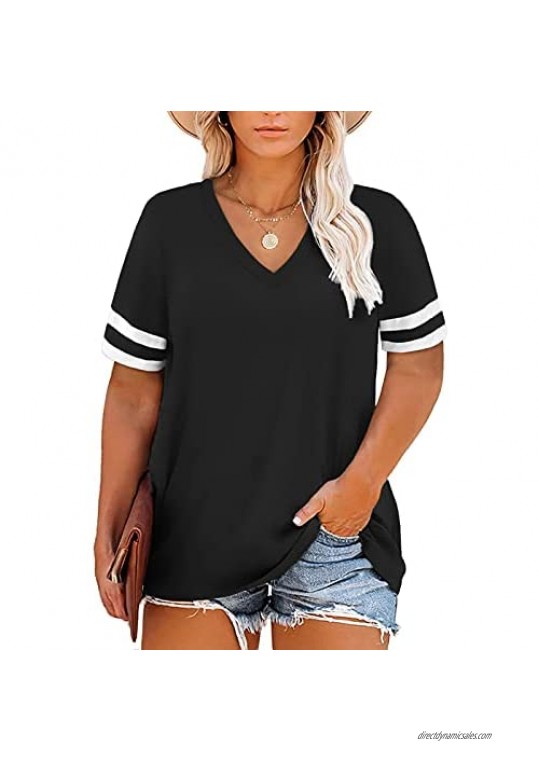 ROSRISS Plus-Size Tops for Women Summer Casual T Shirts V Neck Striped Tunics