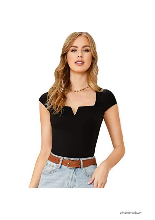 SheIn Women's Casual Notched Neckline Short Sleeve Fitted Solid Tee Tops