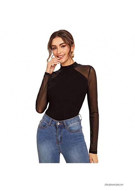 SweatyRocks Women's Long Sleeve Contrast Sheer Mesh Slim Fit Blouse Shirt Tops