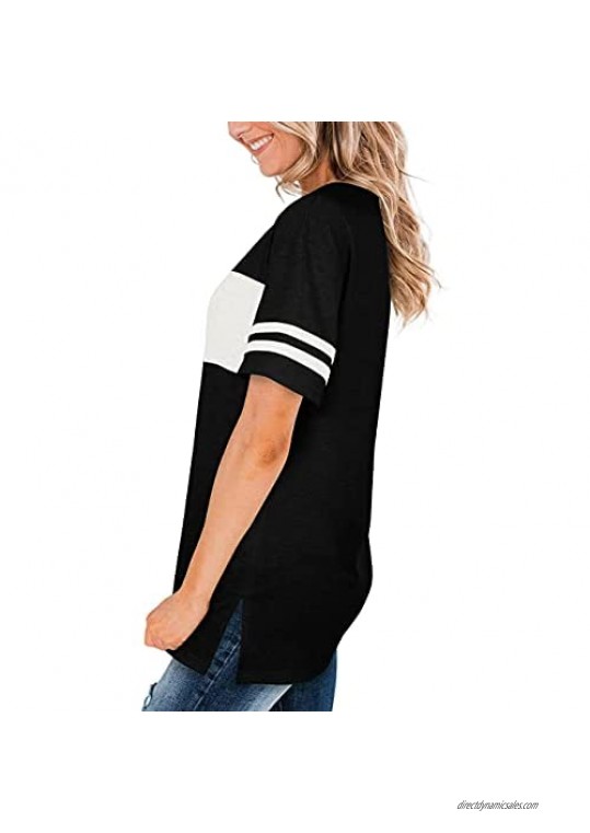 WAYMAKER Women's Color Block T-Shirt Baseball Tee Striped Short Sleeve Tunic Side Split Tops
