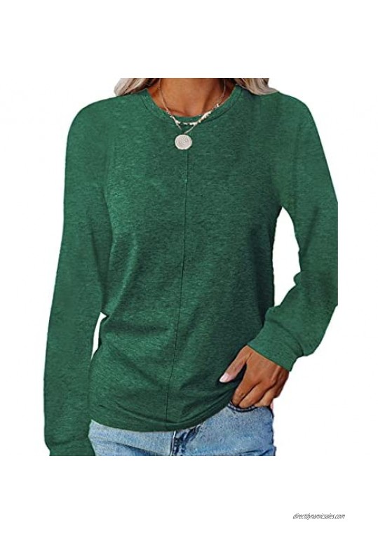Womens Casual Long Sleeve Comfy Tops Crewneck Solid Color Loose Fit Blouses T Shirts