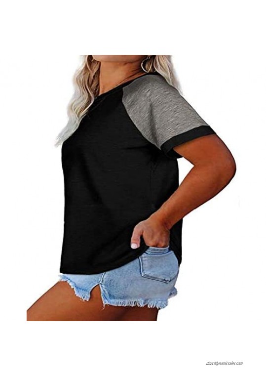 Women's Plus Size Raglan Crewneck Tee Shirt Color Block Short Sleeve Tunic T-Shirt Casual Loose Blouses Tops