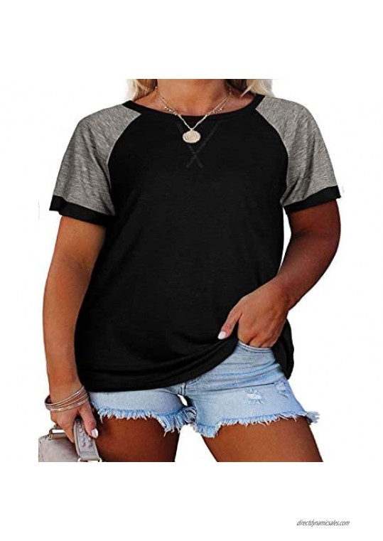 Women's Plus Size Raglan Crewneck Tee Shirt Color Block Short Sleeve Tunic T-Shirt Casual Loose Blouses Tops