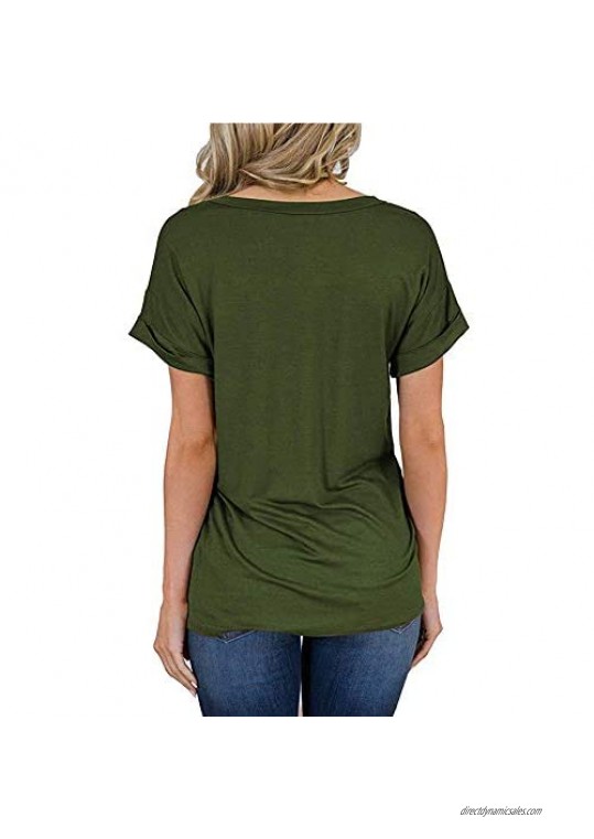 Women's Short Sleeve Leopard T Shirts V Neck Casual Basic Tees with Pockets Summer Tops Loose Fit